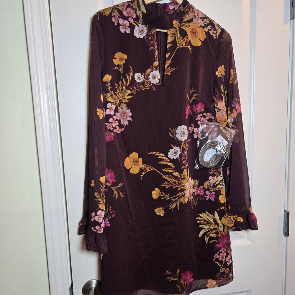 Guess Floral Long Sleeve Dress - Purple and Yellow Comes With Belt Unopened - Picture 1 of 5